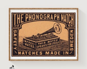Konsttryck med fonograf, tändsticksask, svensk vintage art deco (vardagsrumsinredning)