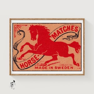 Red Horse - Matchbox Print - Sweden Wall Art - Vintage Sweden Art - Matchbox Wall Poster - Vintage Poster Print