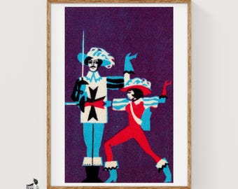 May include: A framed art print featuring two figures in historical attire against a deep purple background. One figure stands holding a sword, while the other is in a dynamic pose. Both wear wide-brimmed hats, with red, blue, and white accents.