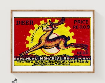 Leaping Deer Matchbox Art Print, Indian Vintage Folk Art (Living Room Decor)
