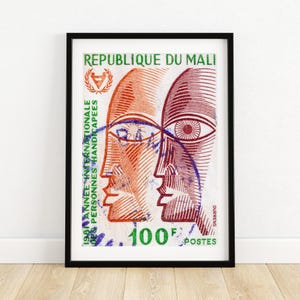 Traditionelle Mali Gesichter - Vintage Mali Kunst - Briefmarke Druck - Ästhetische Wandkunst - Briefmarke Wand Poster - Vintage Afrikanische Kunst