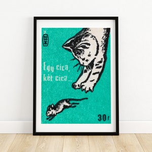 Katze jagt Maus - Streichholzschachtel-Druck - Tschechische Wandkunst - Tschechische Vintage-Kunst - Streichholzschachtel-Wandposter - Vintage-Posterdruck