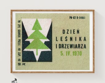 Konsttryck med tändsticksask, polsk vintagemodernist (grön dekor)