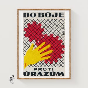 Yellow Hand on Red Gears - Vintage Czech Matchbox Label Print