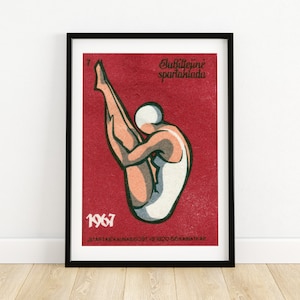 Diving Woman - Matchbox Print - Aesthetic Wall Art - Vintage Eastern Europe Art - Matchbox Wall Poster - Vintage Poster Print