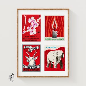 Red & White Matchbox Labels Grid Print, Vintage Ephemera Poster, International Collection, Midcentury Style, crimson wall art