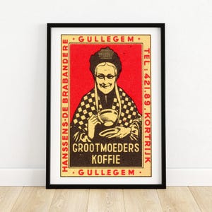 Großmutters Kaffee Kunstdruck | Vintage belgisches Werbeplakat | Mid-Century Wanddekoration | Einzigartiges europäisches Sammlerstück A4