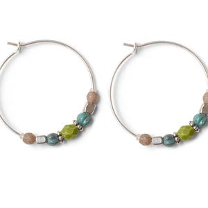Sterling Hoops with Green, Blue, and Taupe Beads