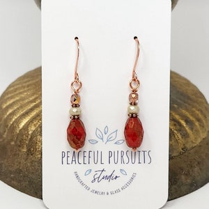 Copper Dangle Earrings with Orange Czech Glass Beads.