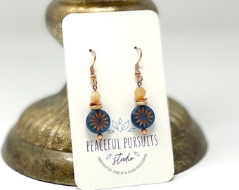 Copper and blue coin bead earrings