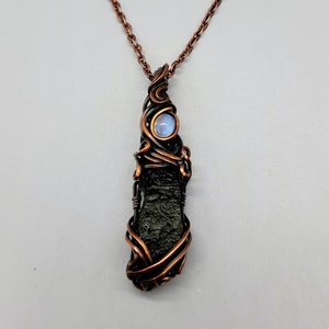 3 g moldavite and moonstone wire wrapped crystal pendant