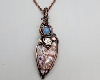 Wood jasper chalcedony wire wrapped crystal pendant