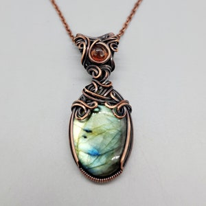 Labradorite and garnet wire wrapped crystal pendant