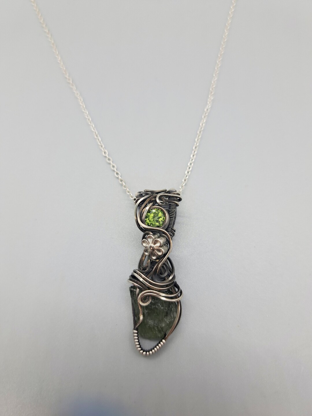 Moldavite and Peridot Wire Wrapped Pendant in Sterling Silver Etsy