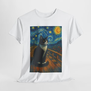 Starry Night Cat Unisex T-shirt, Cat Mom Dad Gift, Cat Art Shirt, Cool Cat Owner Present, Cat Lover Tee, Cat Parent Gift