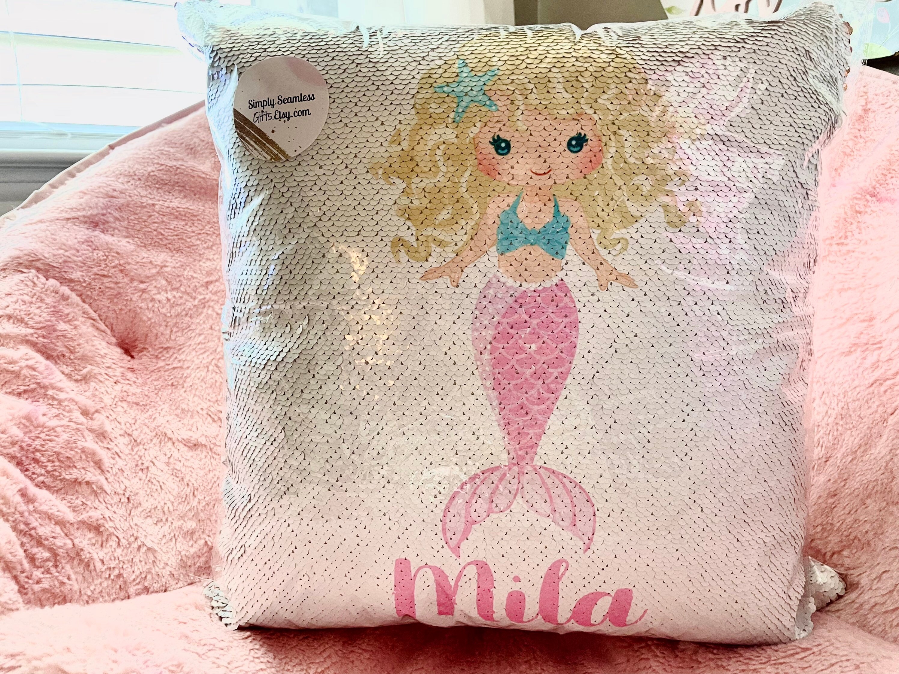 Christmas Personalized Mermaid Sequins Pillow Case Custom Gift for Girls