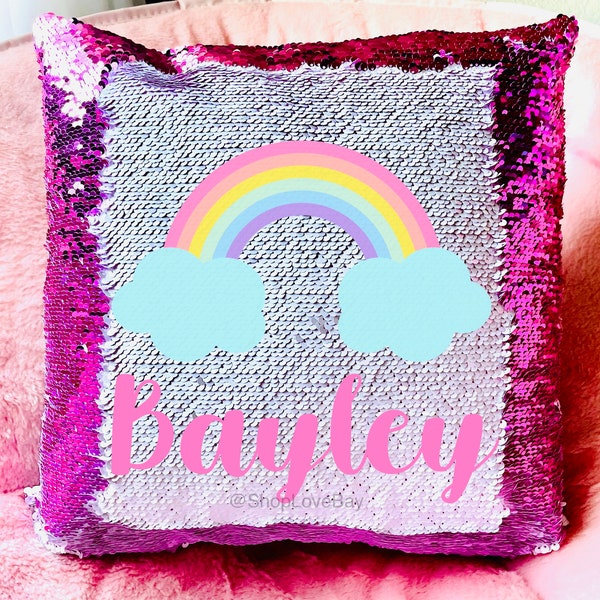 Personalized Reversible Sparkle Rainbow Sequins Pillow Case Custom Gift for Girls