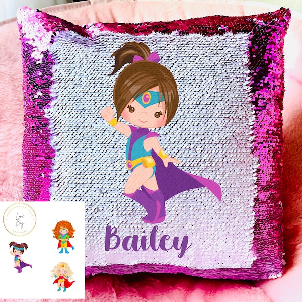 Personalized Super Hero Sequins Pillow Case with Name Custom Gift for Girls