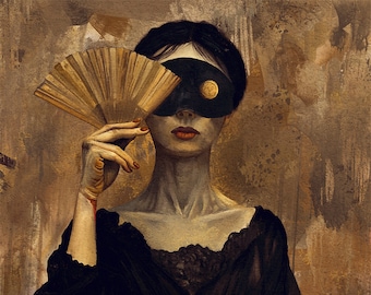 Lámina artística de mujer gótica: dama enmascarada surrealista con abanico