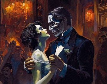 Impresión artística de danza macabra: Pareja gótica bailando con máscara de calavera - 13 x 19 Pro Luster
