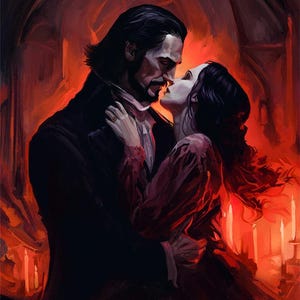 Puede incluir: Pintura art&iacute;stica de un hombre y una mujer abraz&aacute;ndose en una habitaci&oacute;n tenue con una paleta de colores rojos y naranjas. El hombre viste un abrigo negro y la mujer un vestido rojo. Velas iluminan el fondo.