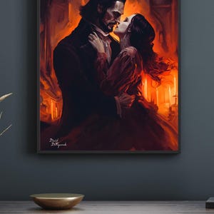 Puede incluir: Obra de arte enmarcada que representa un abrazo rom&aacute;ntico entre un hombre y una mujer. La pareja est&aacute; en una habitaci&oacute;n con poca luz y un fondo c&aacute;lido y ardiente. El hombre lleva un traje oscuro y la mujer un vestido rojo. La firma del artista est&aacute; en la esquina inferior izquierda.