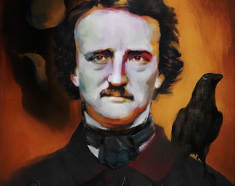 May include: A painting of Edgar Allan Poe, the American author, with a raven perched on his shoulder. The background is a dark orange and the painting is signed "David DeFigueredo".