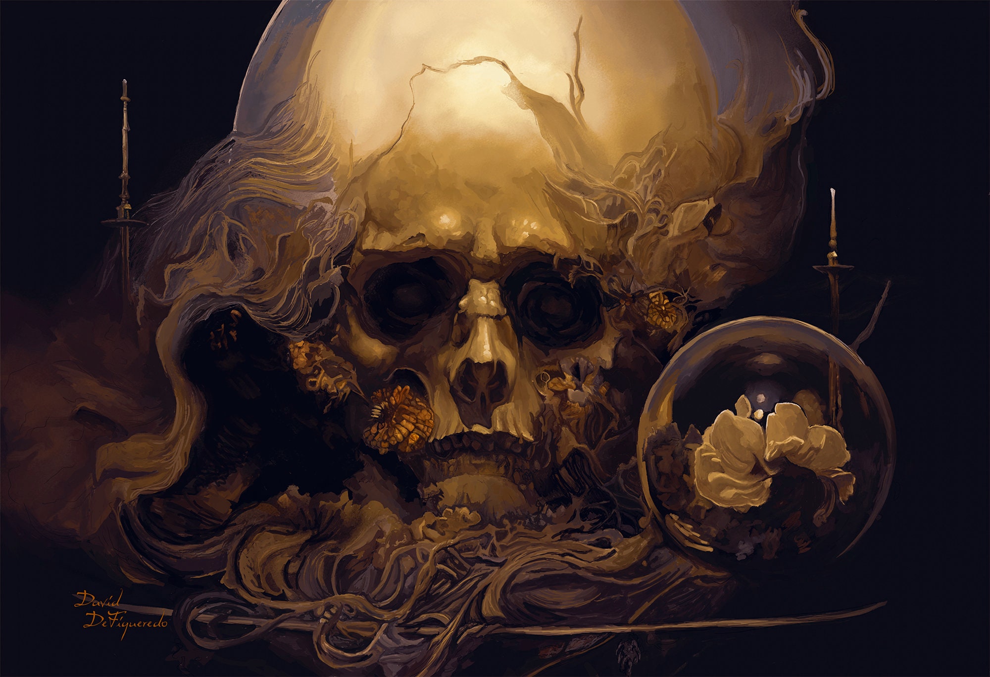 天野タケル 原画 額装済み skull, lemons & a candle Still Life - Surreal Skull Art Print on 19x13 Pro-luster Canon