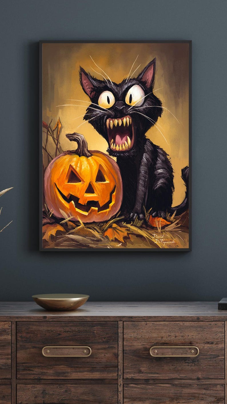 Halloween Black Cat Art Print: Spooky Jack O Lantern Decor - Etsy