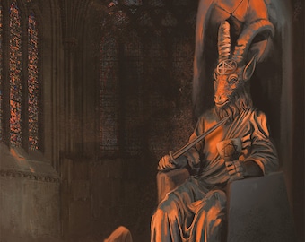 May include: A dark, gothic-style painting depicting a goat-headed figure with horns and a pentagram on its forehead, sitting on a throne in a dimly lit cathedral. The figure is holding a cup and a sword. A hooded figure kneels before the throne.