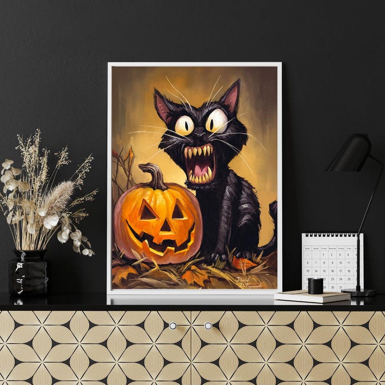 Halloween Black Cat Art Print: Spooky Jack O Lantern Decor - Etsy
