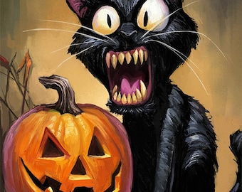 Halloween Black Cat Art Print: Spooky Jack o Lantern Decor