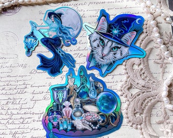 SEAWITCH HOLOGRAPHIC STICKERS l Witchy Art l Weatherproof Vinyl Decal Holo l Mermaid, Moon, Cat, Apothecary, Potion, Witchcraft, Sticker