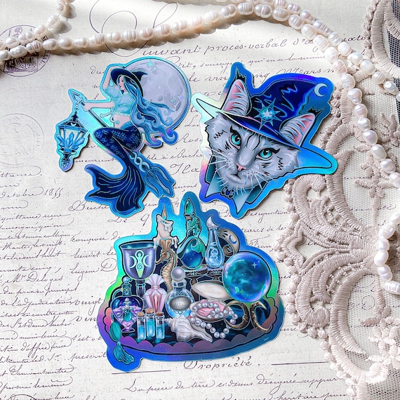 SEAWITCH HOLOGRAPHIC STICKERS l Witchy Art l Weatherproof Vinyl Decal Holo l Mermaid, Moon, Cat, Apothecary, Potion, Witchcraft, Sticker