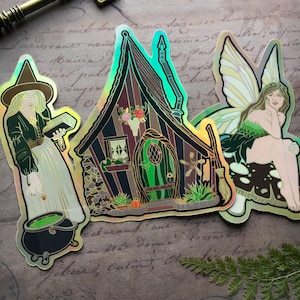 Cottage Witch HOLOGRAPHIC STICKERS, Witchy Art, Laptop Water Bottle Weatherproof Vinyl Decal Vintage Fairy Cottagecore Halloween Sticker