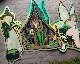 Cottage Witch HOLOGRAPHIC STICKERS, Witchy Art, Laptop Water Bottle Weatherproof Vinyl Decal Vintage Fairy Cottagecore Halloween Sticker