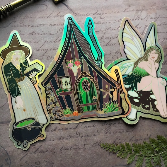 Cottage Witch HOLOGRAPHIC STICKERS, Witchy Art, Laptop Water Bottle Weatherproof Vinyl Decal Vintage Fairy Cottagecore Halloween Sticker
