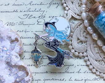 SEA WITCH Enamel Pin l hanging dual pin l Hard Enamel Silver Pin l Crystal Lantern charm, Moon Witch, Witchy, Mermaid, Trident, Halloween