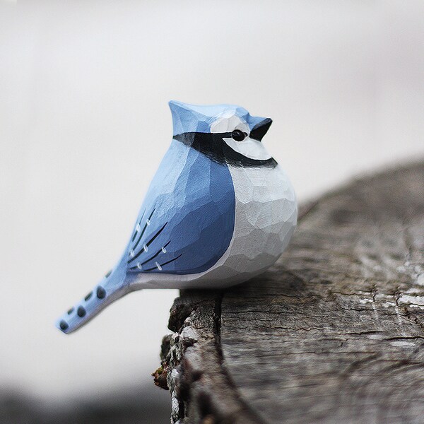 Carved, wood, Blue Jay (1-Piece) bird figurine, bird lover, bird ornament, bird gift