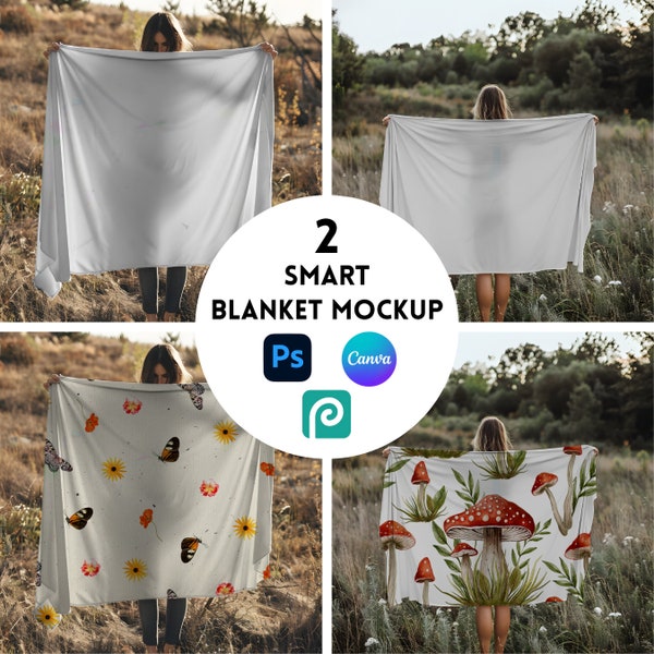 Customizable Blanket Mockup Bundle PNG Canva, PSD Smart Object, Drag and Drop, Digital Download Mock up, Professional Model Photography