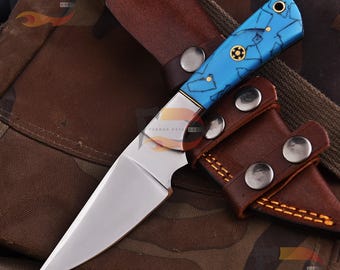 Handmade Hunting Knife | Turquoise Handle Fixed Blade | High Carbon Steel | Brass Bolster | Leather Sheath | Outdoor Camping Bushcraft