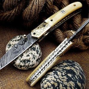 Handmade Damascus Steel Folding Knife: Camel Bone Handle, Golden Engraving