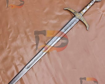 Hand Forged Damascus Steel Medieval Sword | Leather Sheath, Cosplay Replica