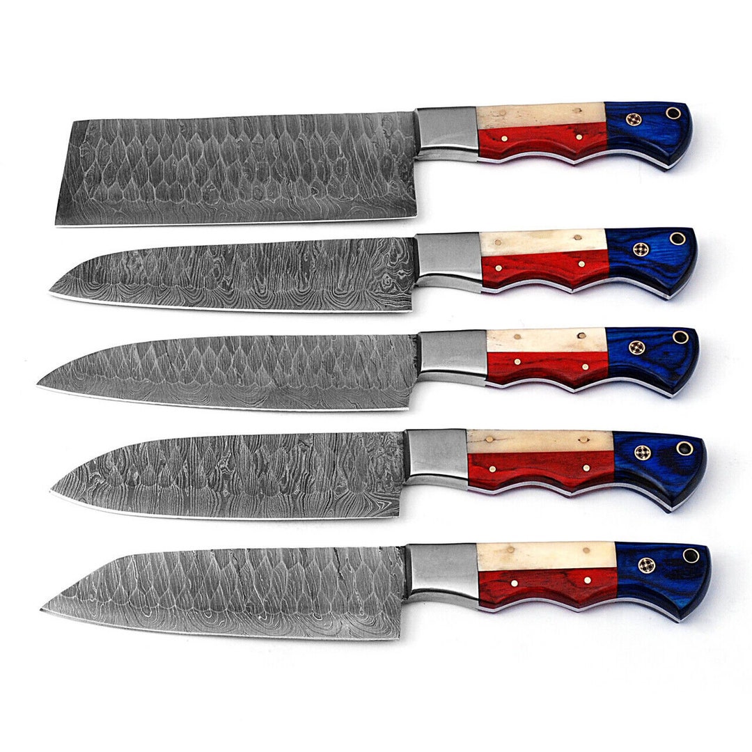 Hand Damascus Chef Knife Set of 5 Scalloped Blades Etsy