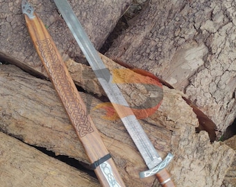 Handmade Damascus Steel Norse Sword with Leather Sheath