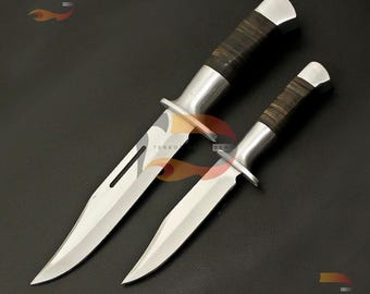 Handmade Bowie Knife | Stacked Leather Handle | Steel Guard & Pommel | Fixed Blade | Camping Hunting Bushcraft | Gift for Him