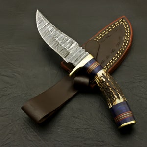 Couteau de chasse/dépouillement damas forgé à la main sur mesure-manche de cerf/bois avec étui en cuir