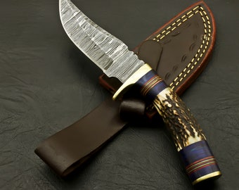 Top Custom Made Hand Forged Damascus Hunting/Skinning Knife-Stag/Antler Handle With leather sheath
