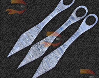 Handmade Damascus Steel Throwing Knife Set | Ring Grip, 9 Inch Blades