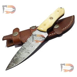 9″inches Handmade Damascus Steel Skinner Knife – Custom Hunting knife with Leather Sheath